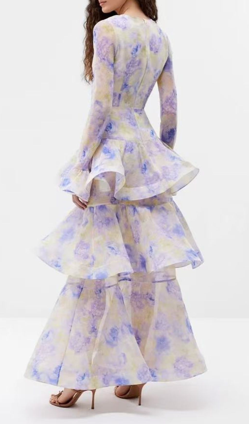Enfys Blue Dreamy Floral Tiered Maxi Dress with Bell Sleeves