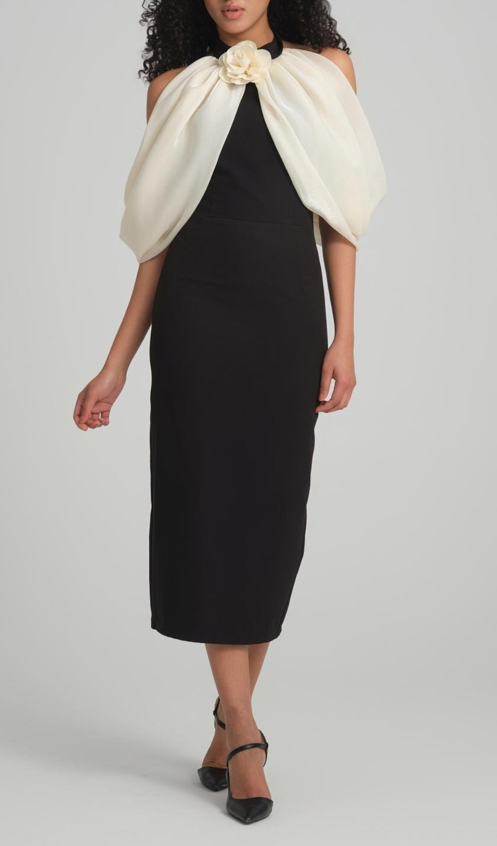 Bess Black Midi Dress with Elegant Off-Shoulder Floral Drape