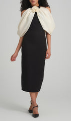 Bess Black Midi Dress with Elegant Off-Shoulder Floral Drape