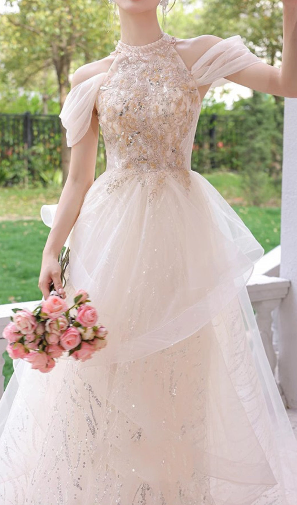Chione Dazzling Champagne Halter Sequin Mesh Maxi Dress with Romantic Off-Shoulder Sleeves