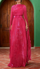 Hodaya Vibrant Pink Pleated Long Sleeve Maxi Dress