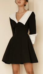 Chic Black & White Contrast Collar V-Neck Mini Dress