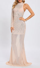 Glamorous Nude Asymmetric Embellished Maxi Gown