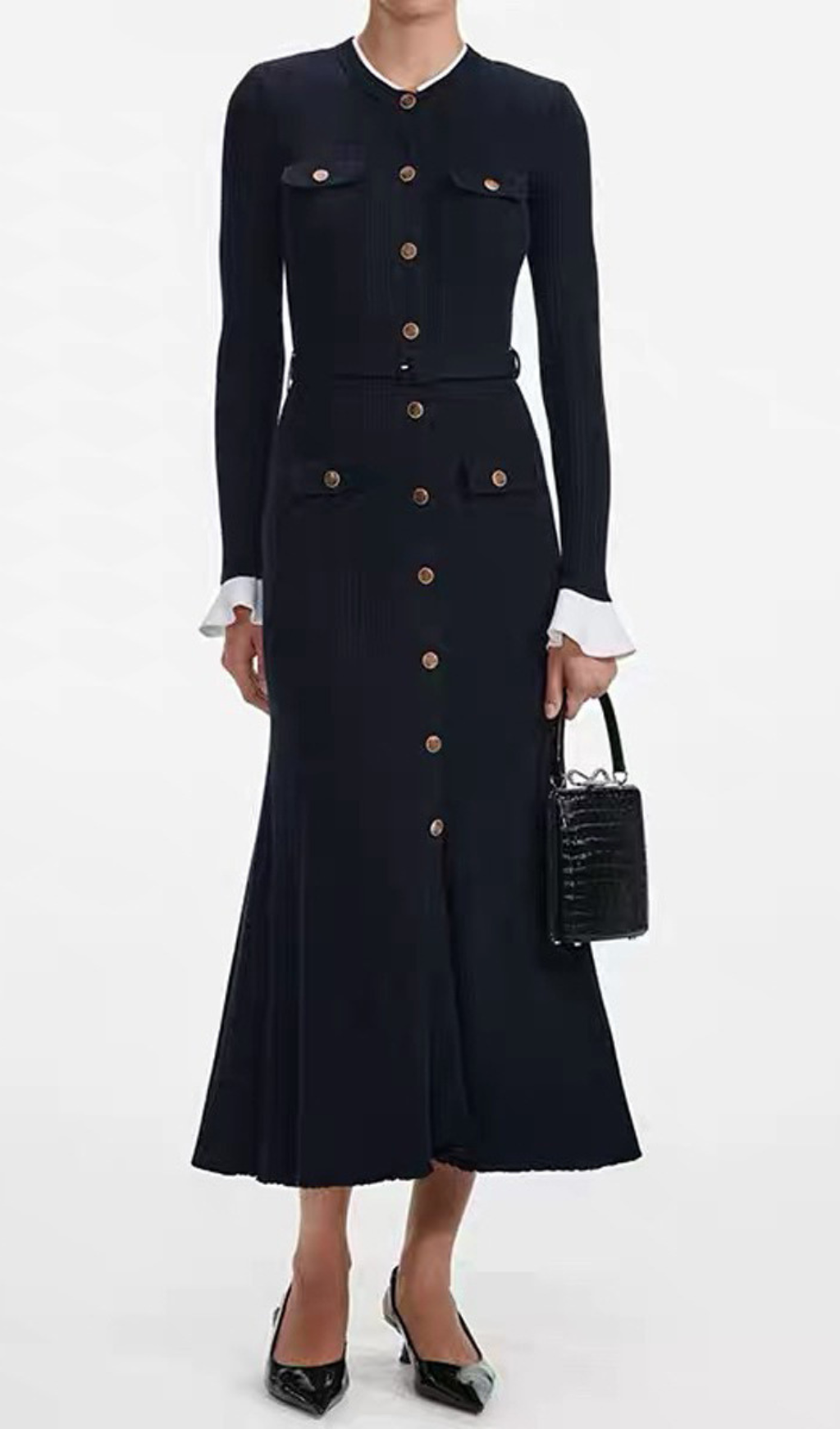 Chic Navy Ribbed Knit Button-Front Midi Dress