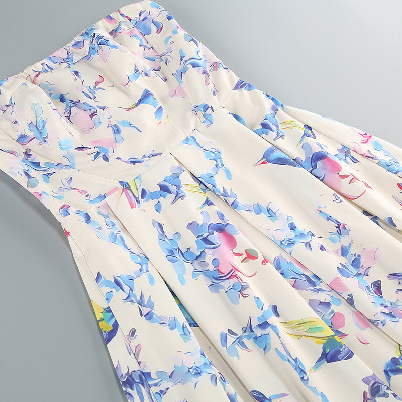 Elegant Hummingbird Floral Strapless A-Line Midi Dress