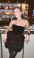 Chic Black Strapless Velvet & Satin Rose Mini Dress