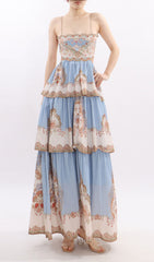 Jevic Serene Blue Bohemian Tiered Maxi Dress
