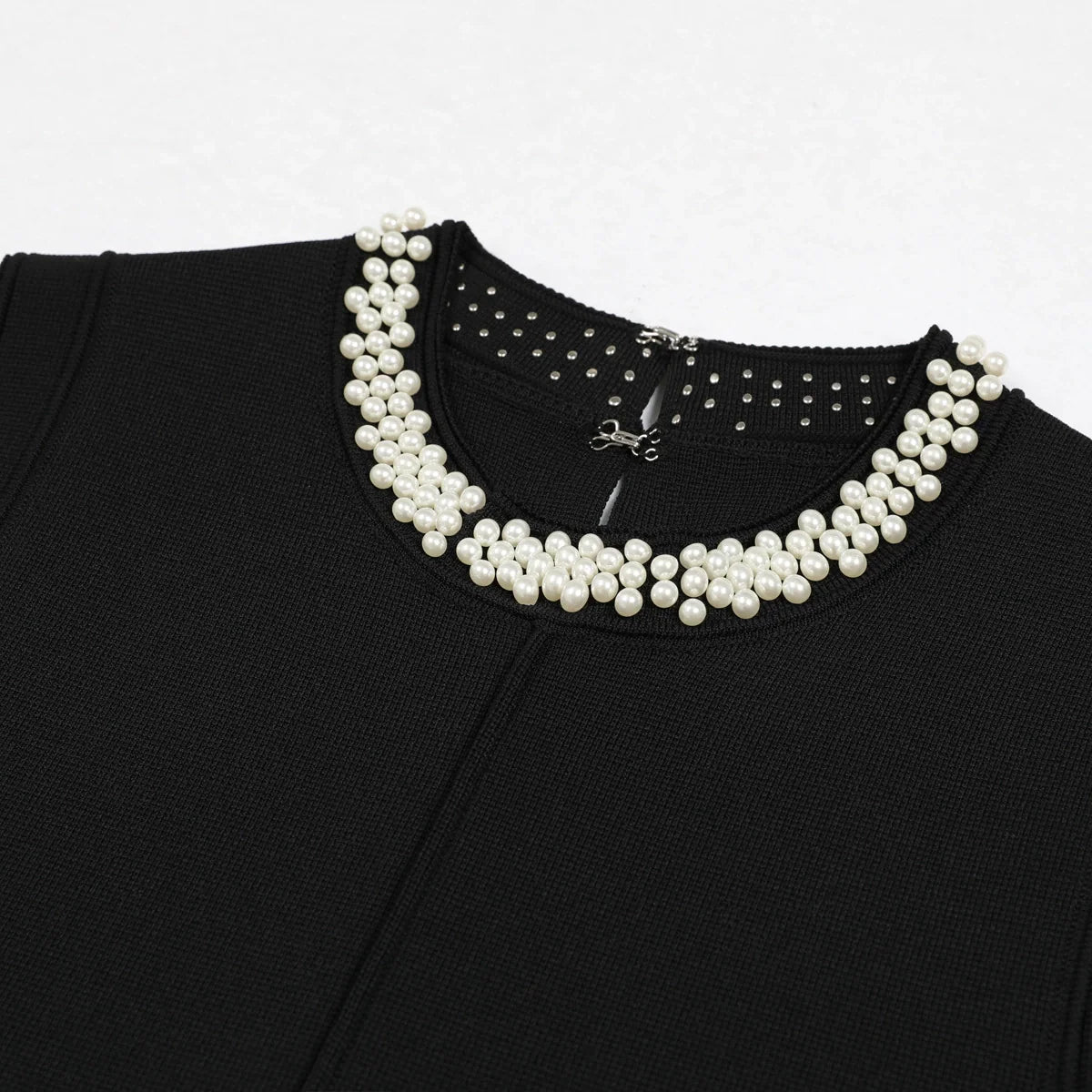 Chic Black Mini Dress with Pearl Collar & Ruffle Hem