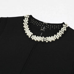 Chic Black Mini Dress with Pearl Collar & Ruffle Hem