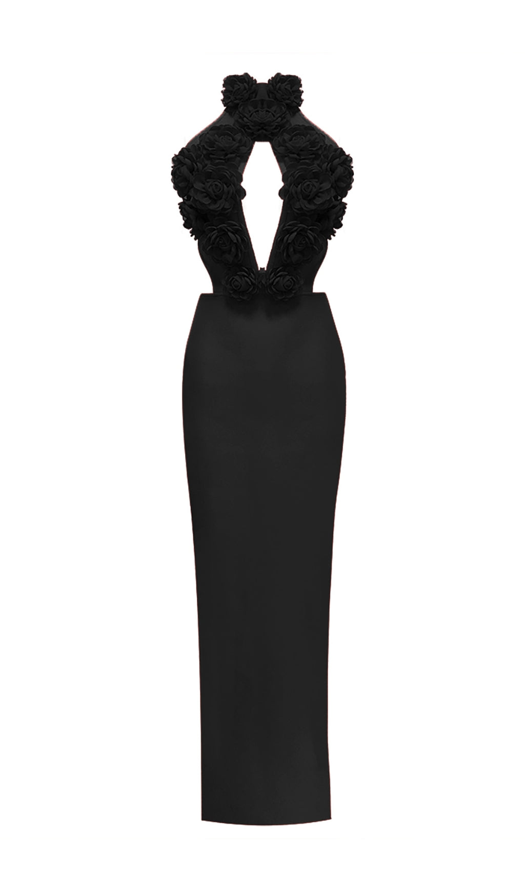 Black Halter Neck Floral Applique Maxi Dress