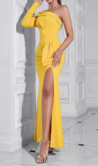 Camilla Radiant Yellow One-Shoulder Draped Maxi Dress with High Slit