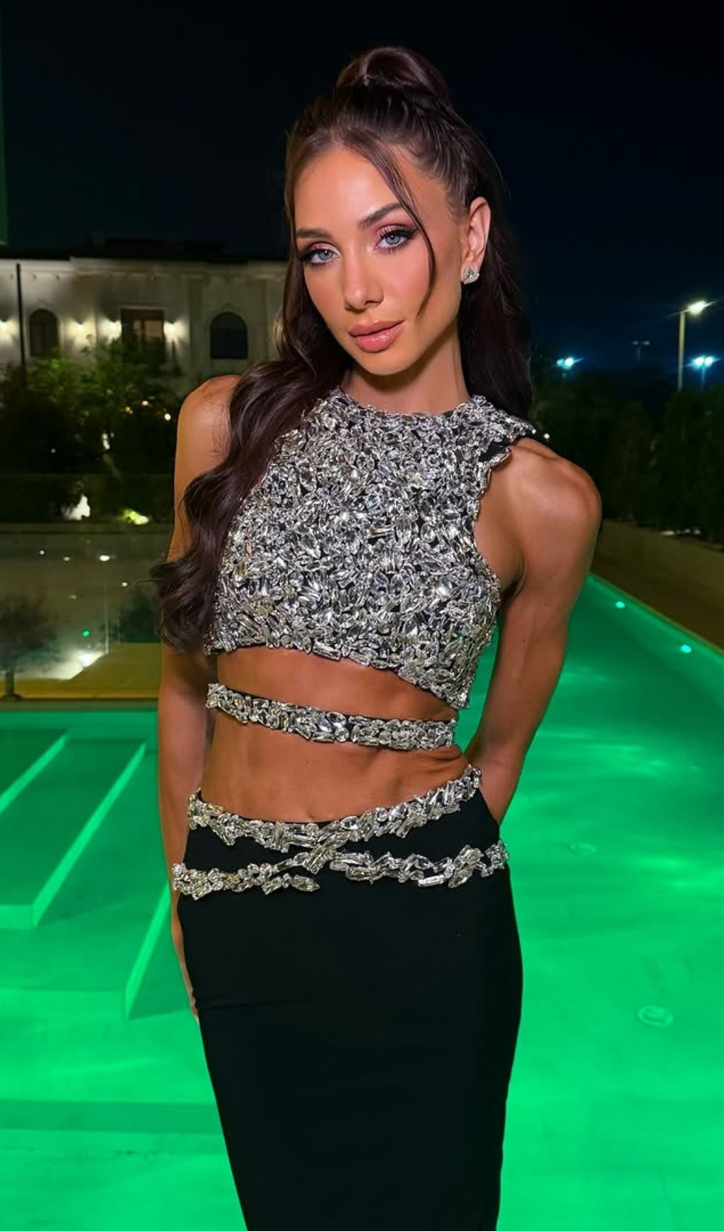 Druella Dazzling Black Rhinestone Crop Top & Maxi Skirt Set