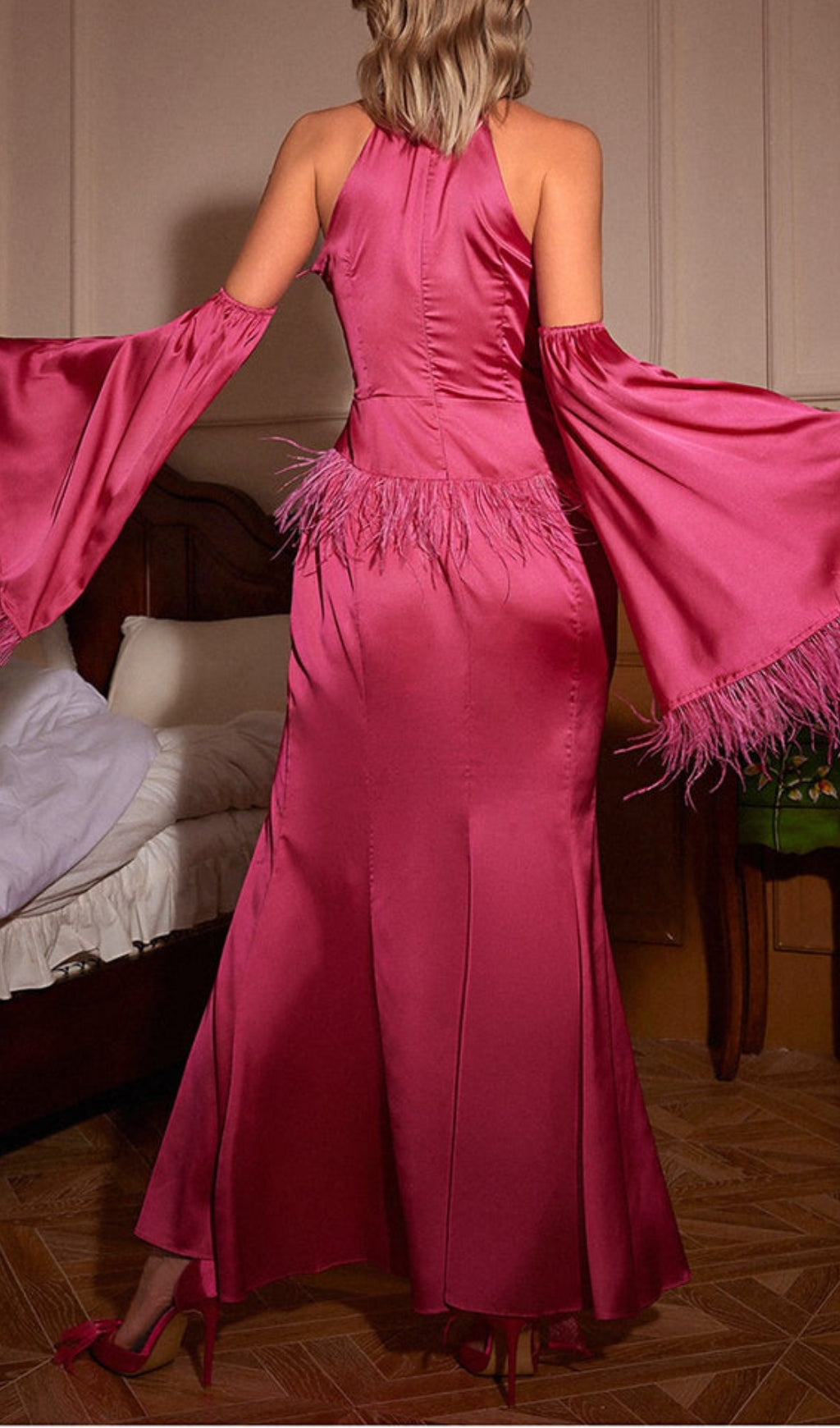 Astra Pink Halterneck Feathered Satin Gown