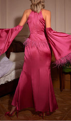 Astra Pink Halterneck Feathered Satin Gown