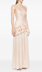 Dayna Metallic Pleated Ruffle Strapless Maxi Gown