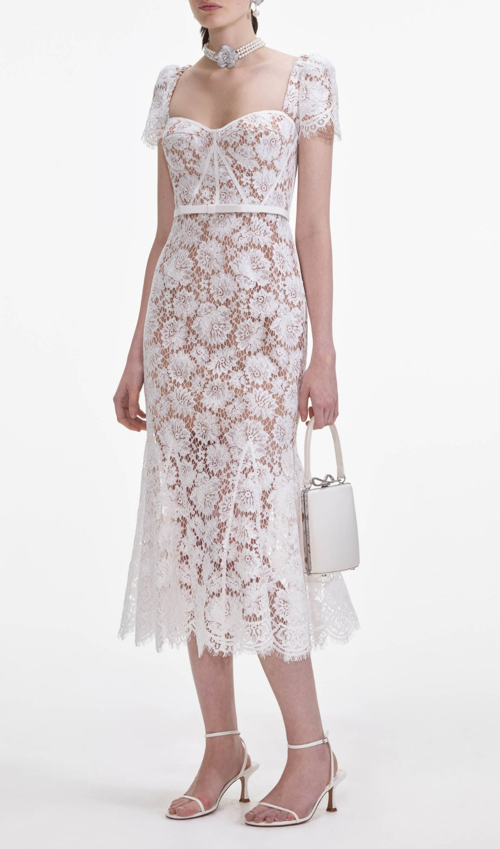 Elegant White Floral Lace Sweetheart Midi Dress with Bow Belt
