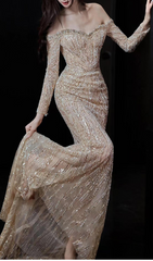Garbo Dazzling Off-Shoulder Sequin Long Sleeve Maxi Gown