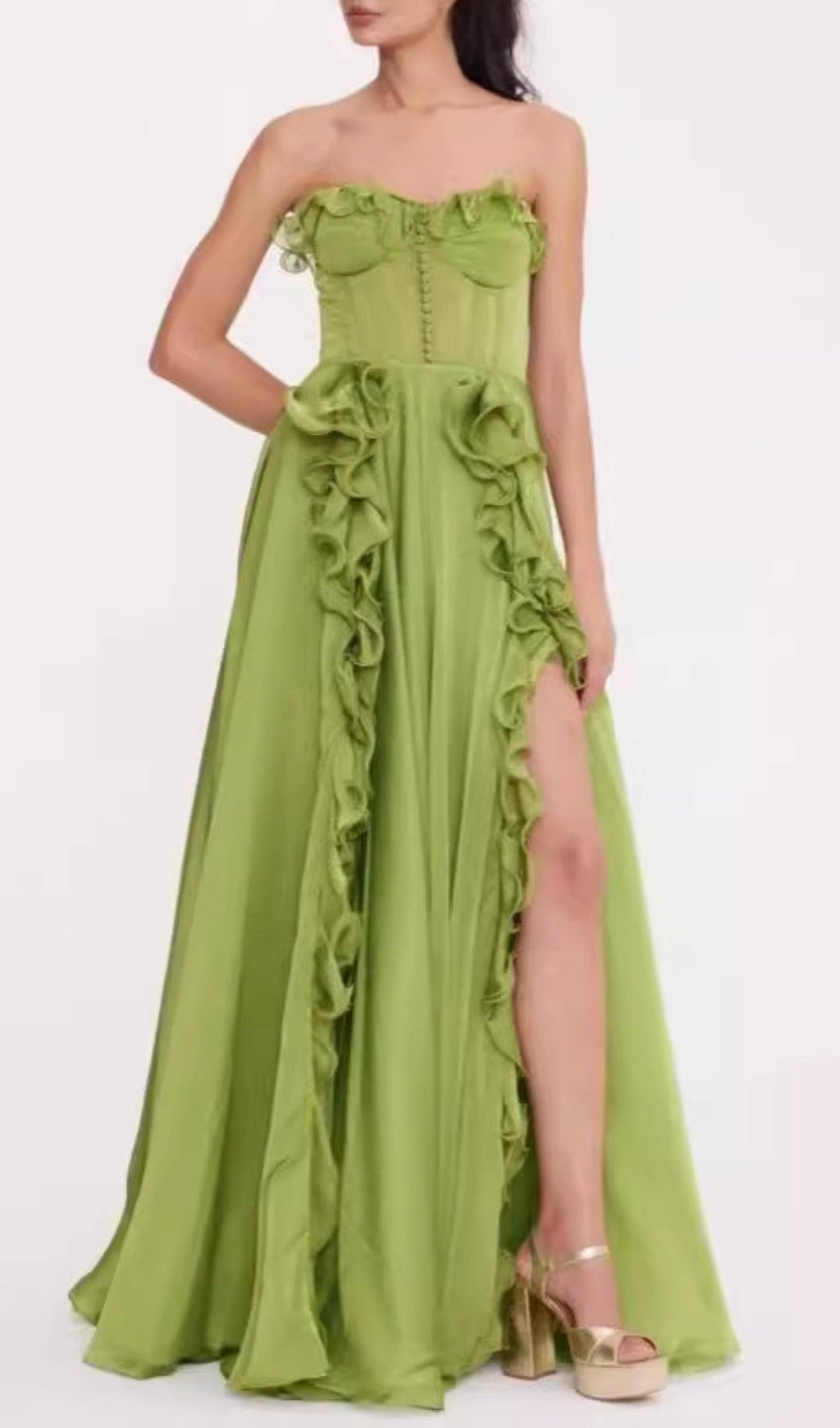 Colombine Green Strapless Ruffle Maxi Dress