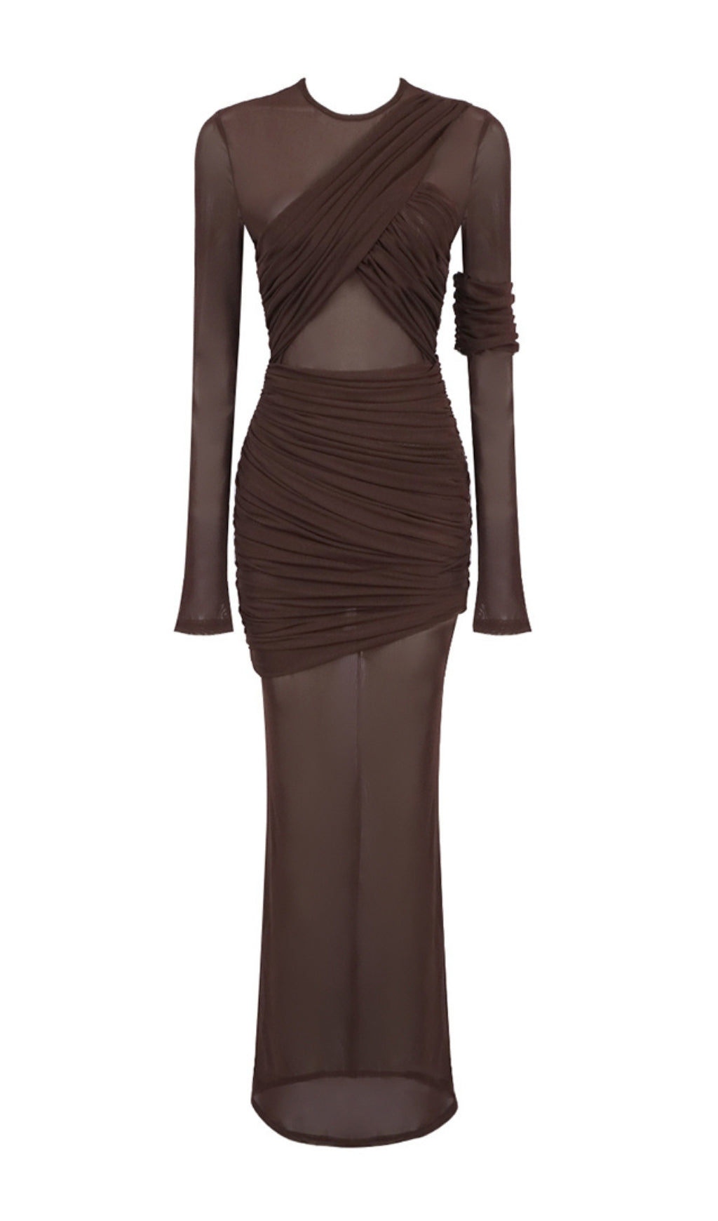 Sultry Bronze Draped Mesh Maxi Dress