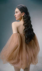 Dolly Dream Khaki Off-Shoulder Mesh Mini Dress