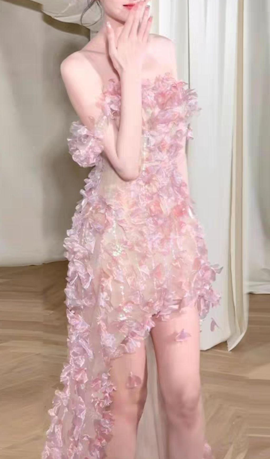 Hernán Enchanting Pink 3D Floral Off-Shoulder High-Low Dress