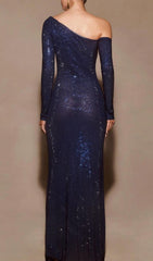 Jacinthe Dazzling Navy Sequin Off-Shoulder Maxi Gown
