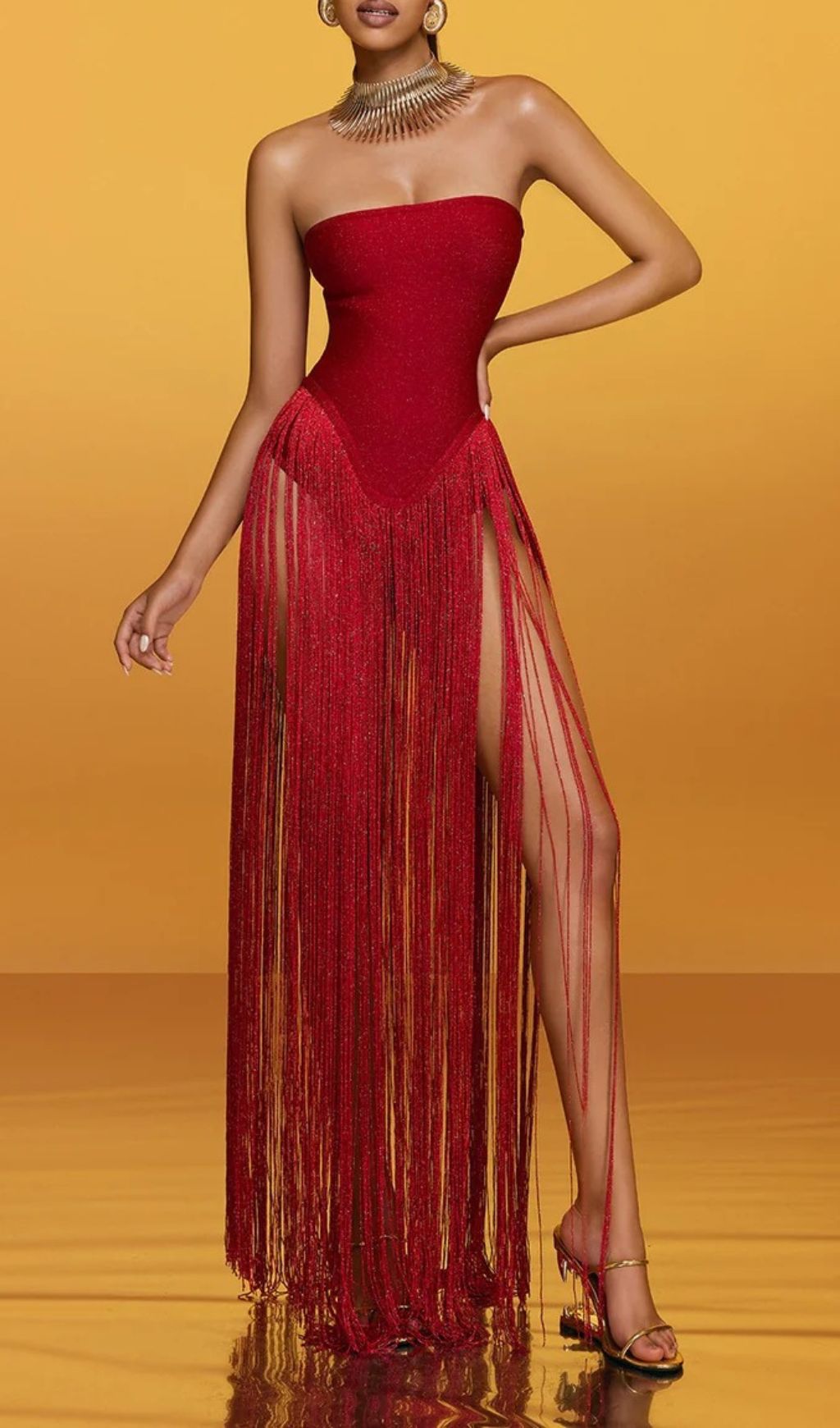 Showstopping Red Sparkle Strapless Fringe Bandage Maxi Dress