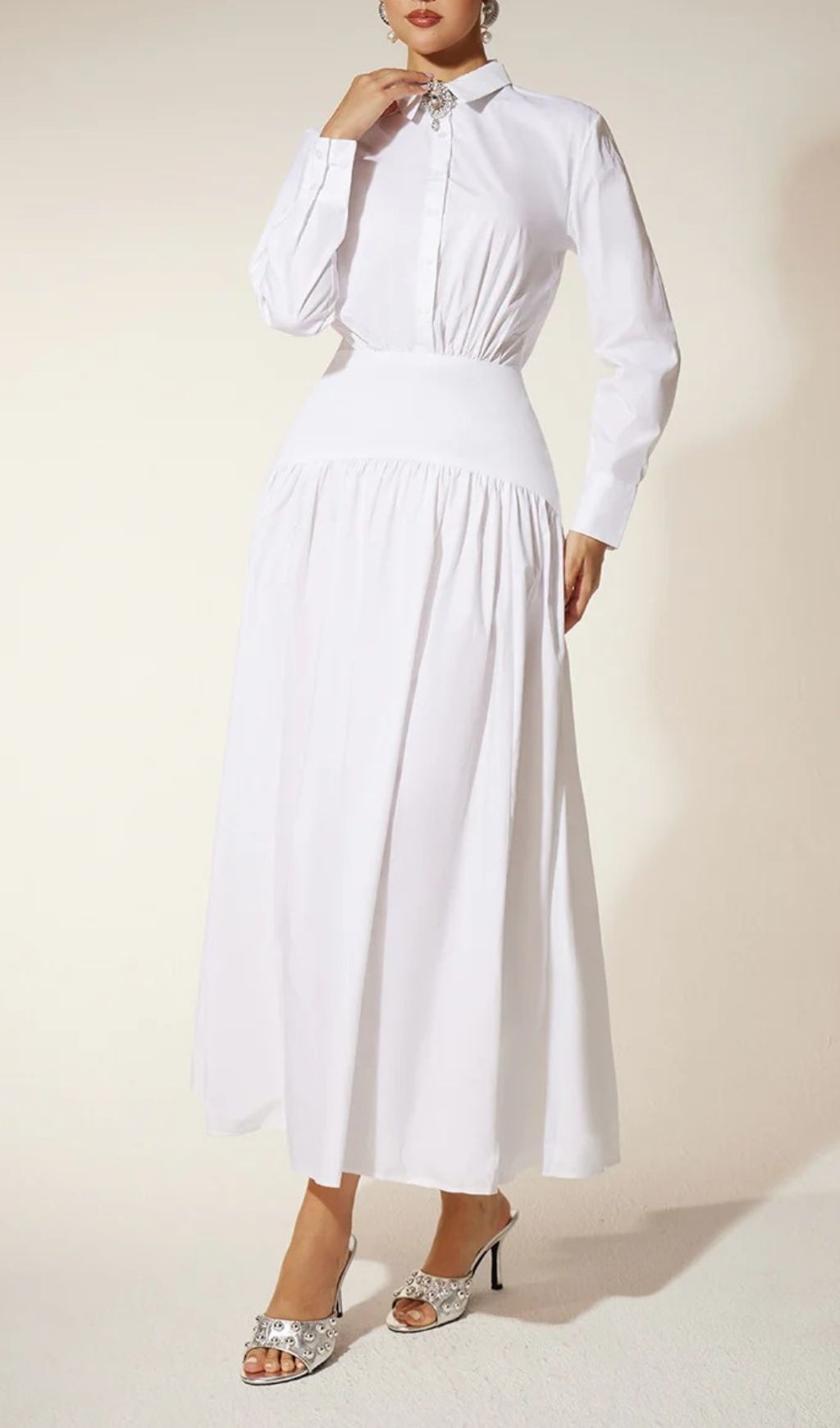 Eilert Chic White Ruched Shirt Dress