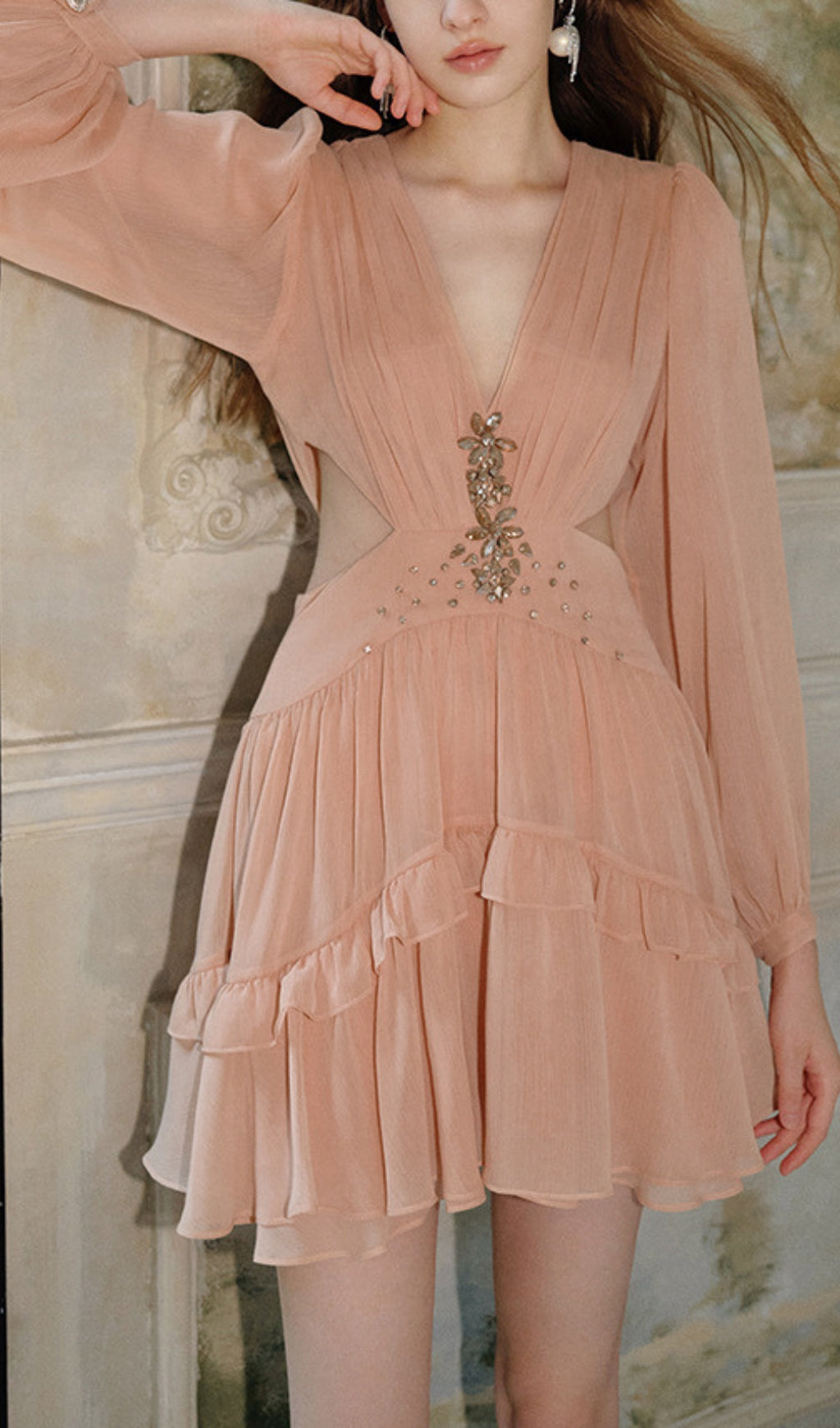 Devera Blush Embellished Tiered Mini Dress