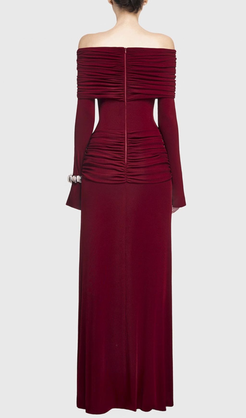 Stunning Gala Wine Off-Shoulder Ruched Maxi Dress