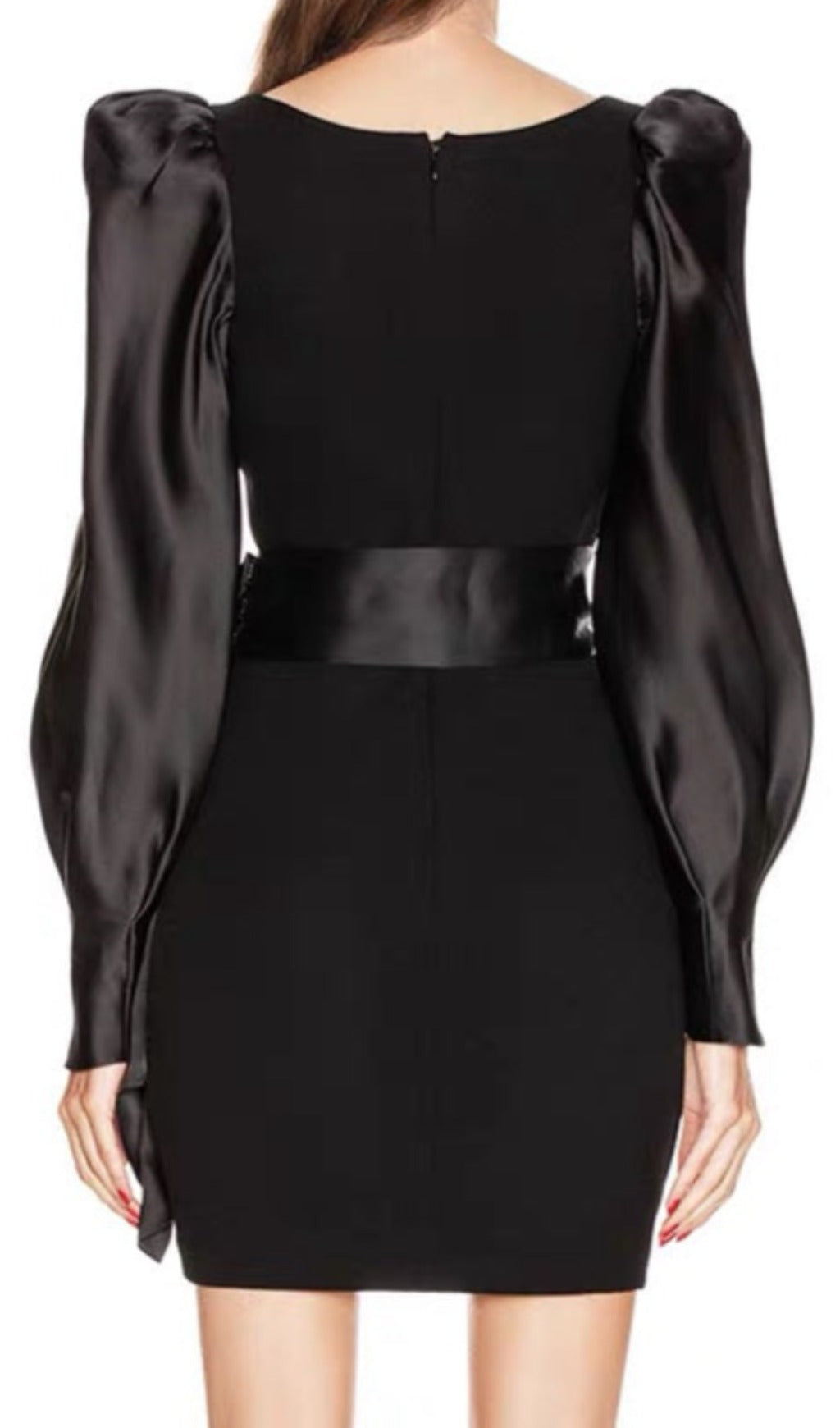Amandine Black Crepe & Satin Mini Dress with Dramatic Puff Sleeves