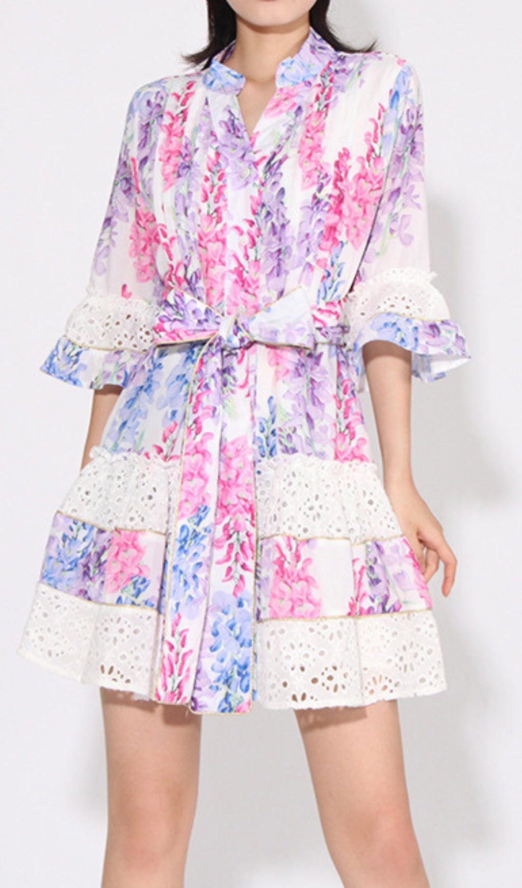 Erast Whimsical Wisteria Floral Tiered Mini Dress with Eyelet Lace Trim