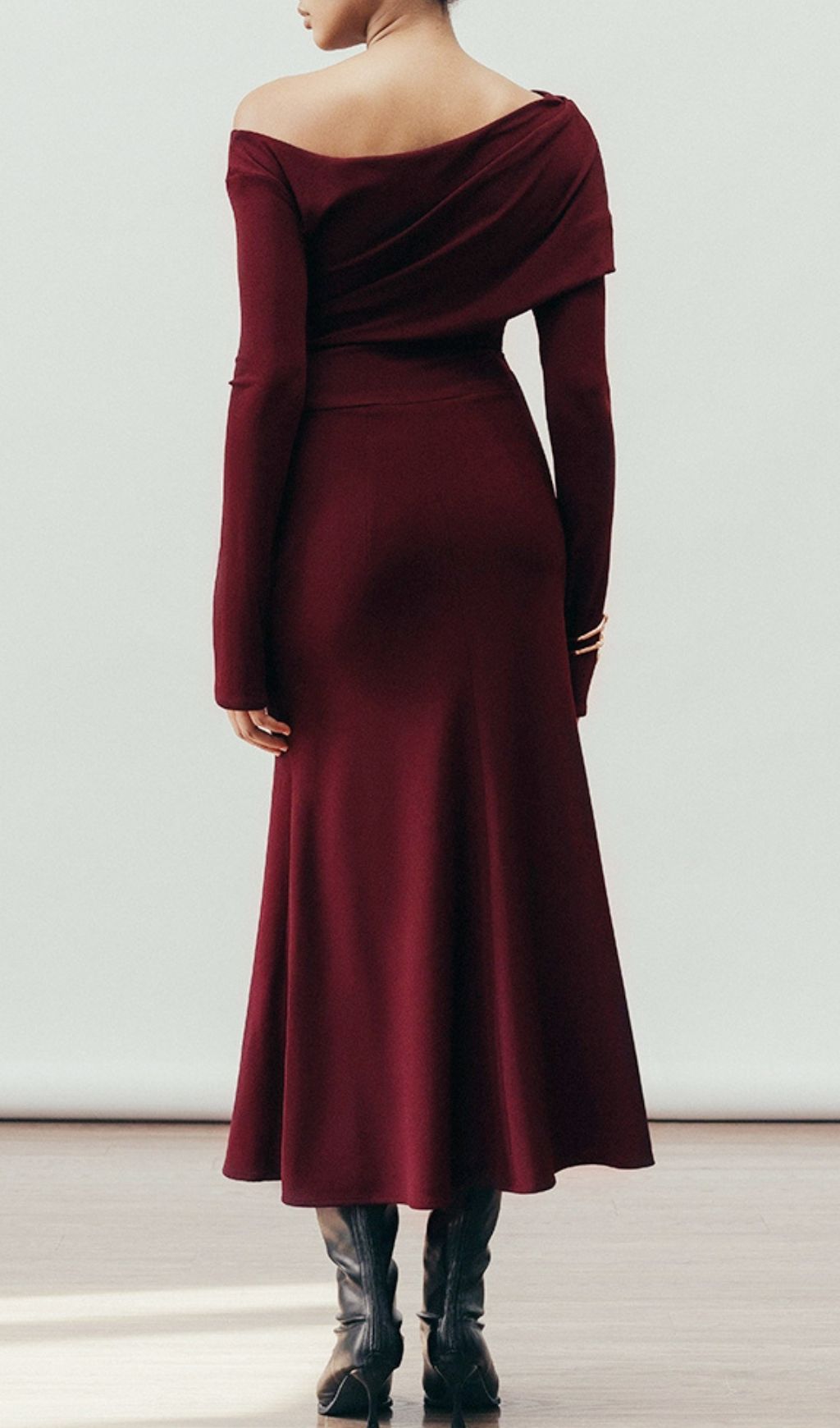 Gail Elegant Off-Shoulder Wine Midi Dress