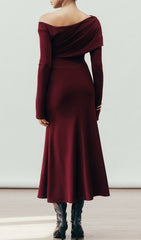 Gail Elegant Off-Shoulder Wine Midi Dress