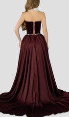 Exquisite Burgundy Velvet & Satin Strapless Maxi Gown with Pearl Accents
