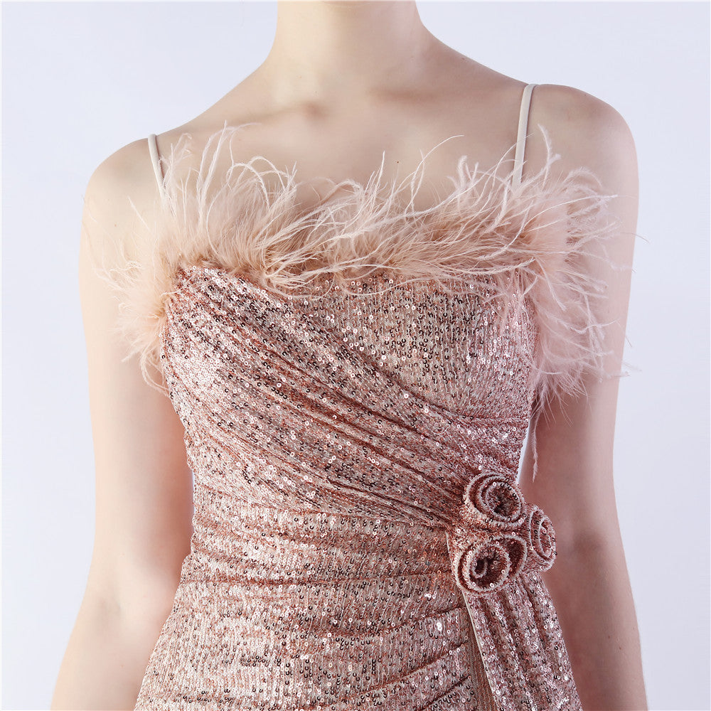 Chroma Dazzling Rose Gold Sequin Feather & Flower Maxi Gown with High Slit