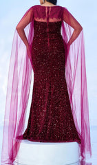 Glamorous Castor Red Sequin Plus Size Maxi Dress with Dramatic Cape & Slit