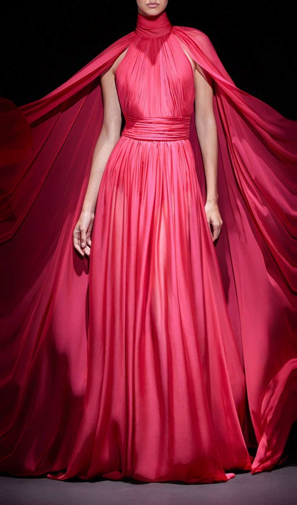 Françoise Glamorous Red Pleated Maxi Gown with Flowing Cape