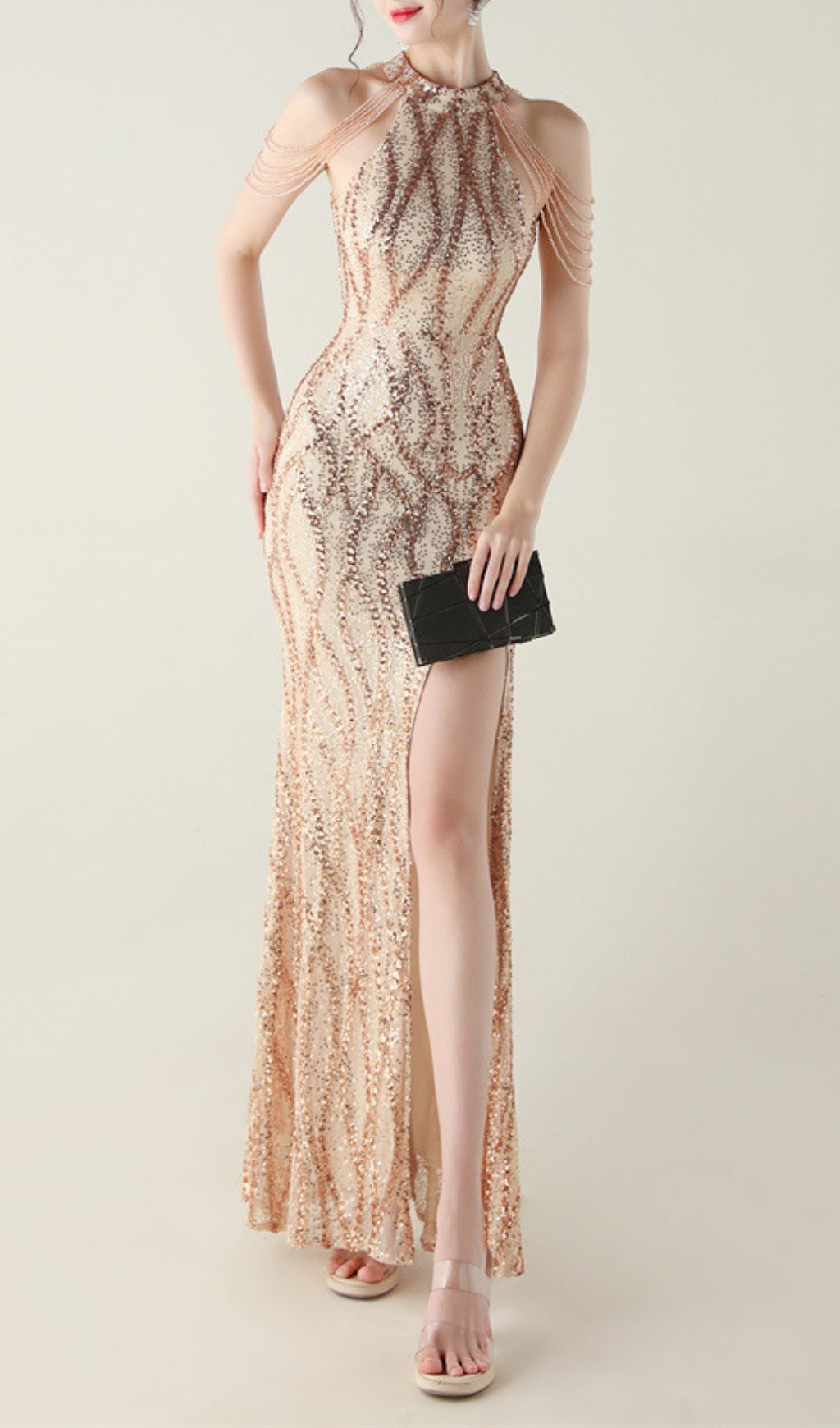Ikra Glamour Halter Sequin High Slit Maxi Dress