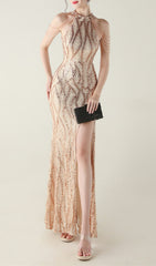 Ikra Glamour Halter Sequin High Slit Maxi Dress