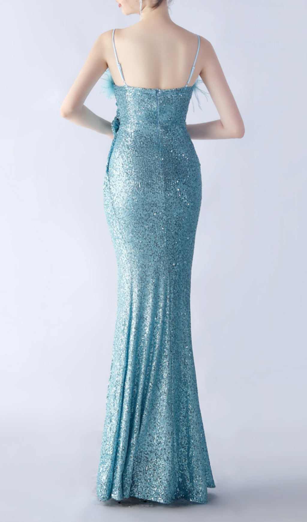 Dazzling Aqua Blue Sequin Feather Maxi Gown with High Slit