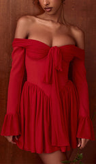 Cale Red Romantic Off-Shoulder Long Sleeve Mini Dress