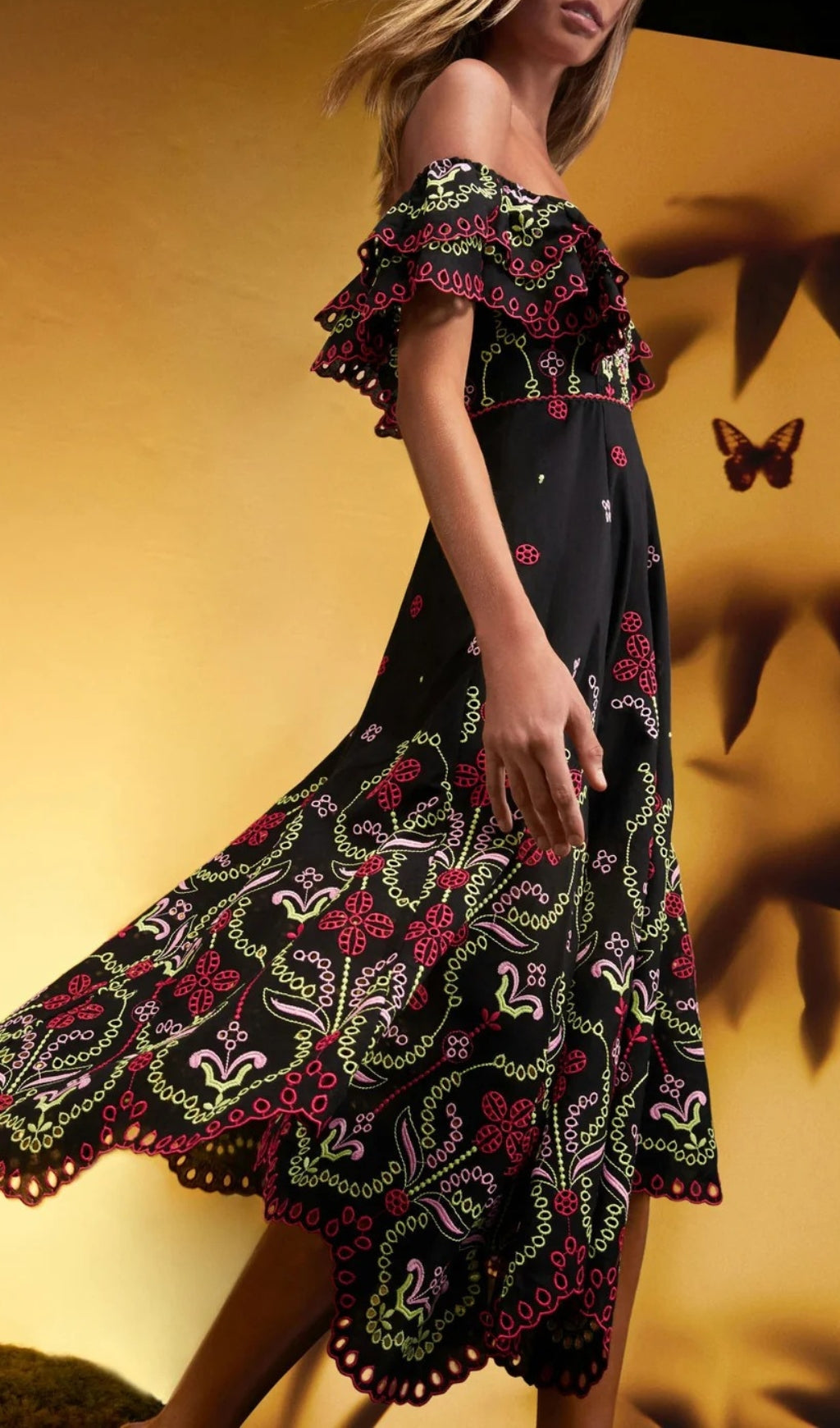 Bonnie Embroidered Ruffle Off-Shoulder Midi Dress