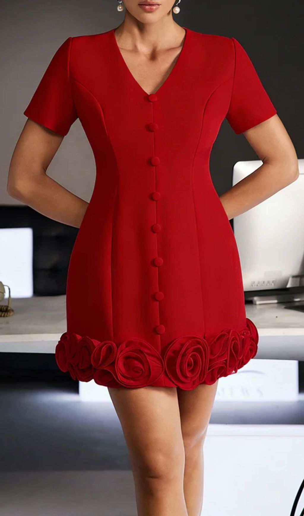 Ferdy Chic Red V-Neck Mini Dress with 3D Rose Hem Detail