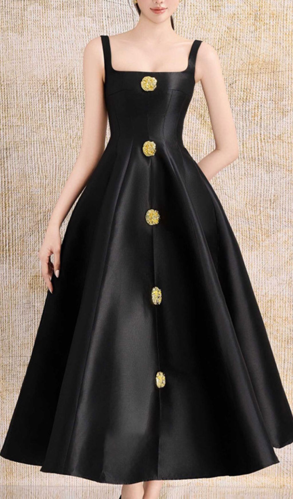 Gordie Elegant Black A-Line Midi Dress with Gold Button Embellishments