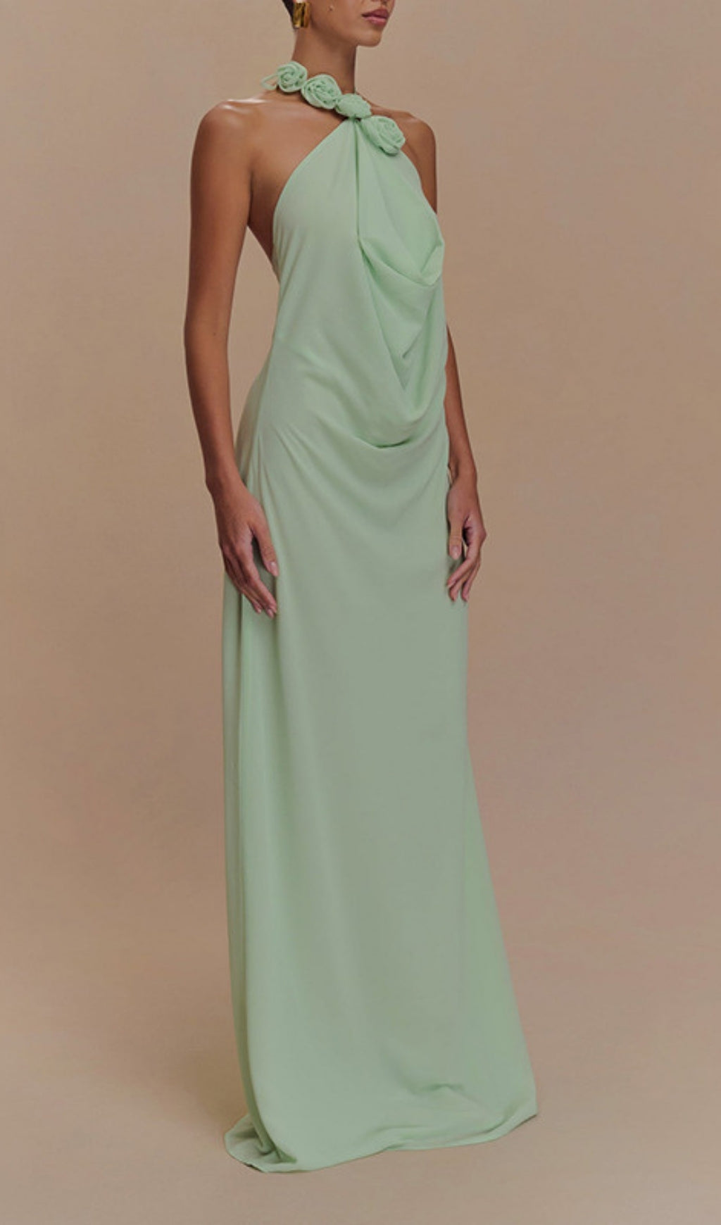 Eun Green Floral Halter Cowl Neck Maxi Dress