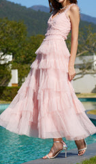 Ethereal Pink Ruffle Tiered Tulle Maxi Dress