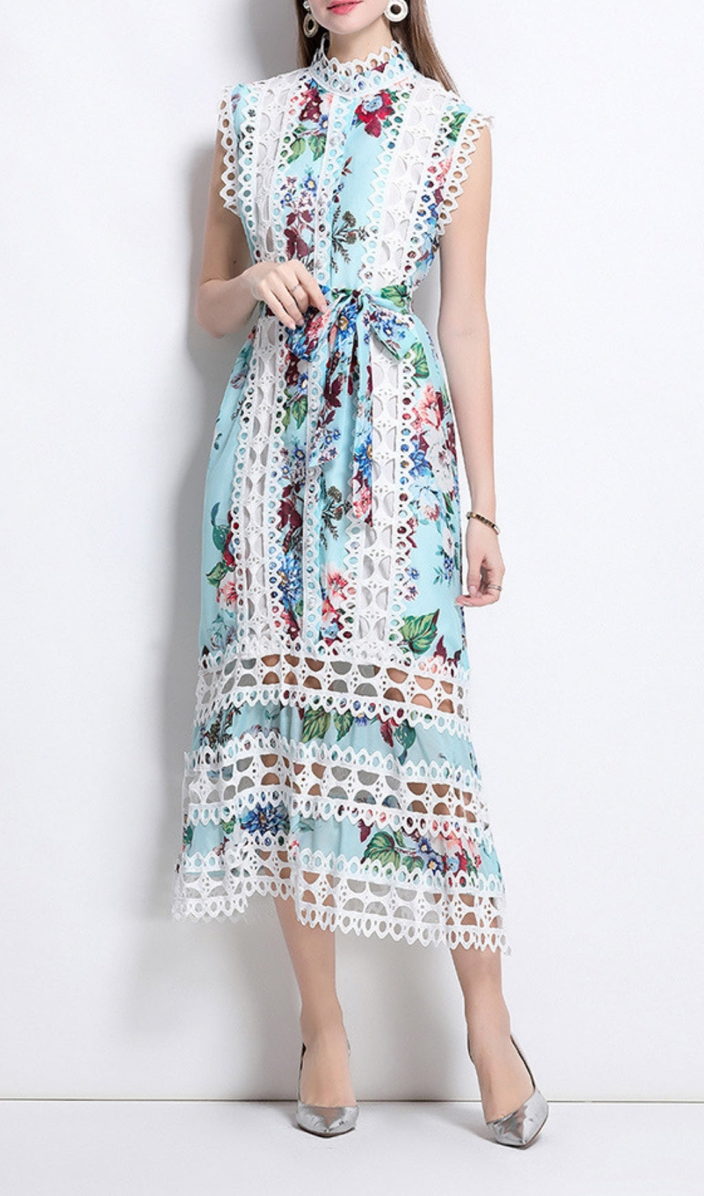 Errin Floral Eyelet Lace Mock Neck Midi Dress