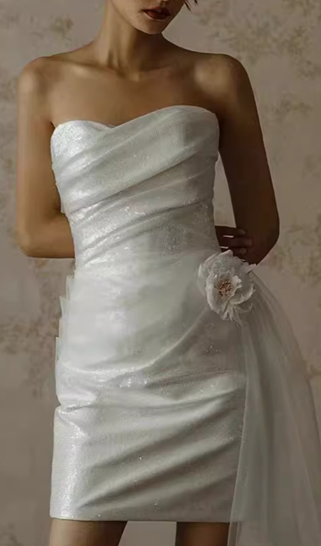 Colissa Strapless Sparkle Mini Dress with Floral Tulle Drape