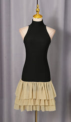 Jacarra Chic Black Halter Turtleneck Ruffle Tiered Mini Dress